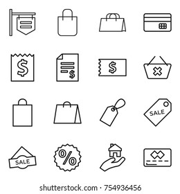 thin line icon set : shop signboard, shopping bag, credit card, receipt, account balance, delete cart, label, sale, percent, real estate