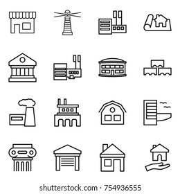 thin line icon set : shop, lighthouse, store, project, library, mall, airport building, block wall, factory, house, hotel, antique column, garage, housing