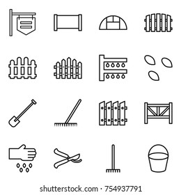 thin line icon set : shop signboard, fence, greenhouse, watering, seeds, shovel, rake, farm, sow, pruner, bucket