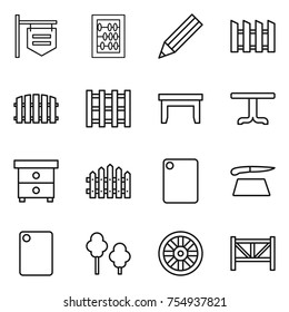 thin line icon set : shop signboard, abacus, pencil, fence, pallet, table, nightstand, cutting board, trees, wheel, farm