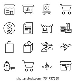 thin line icon set : shop, presentation, cart, dollar coin, account balance, store, shopping bag, journey, plane, port