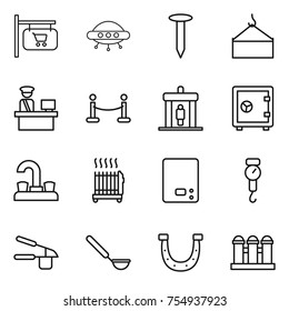 thin line icon set : shop signboard, ufo, nail, loading crane, customs control, vip fence, detector, safe, water tap, radiator, kitchen scales, handle, garlic clasp, ladle, horseshoe, grain elevator