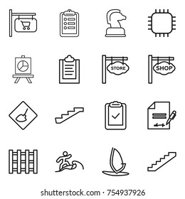 thin line icon set : shop signboard, clipboard, chess horse, chip, presentation, store, under construction, stairs, check, inventory, pallet, surfer, windsurfing