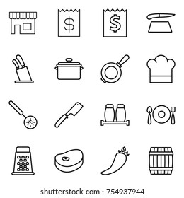 thin line icon set : shop, receipt, cutting board, stands for knives, pan, cook hat, skimmer, chef knife, salt pepper, fork spoon plate, grater, steake, hot, barrel