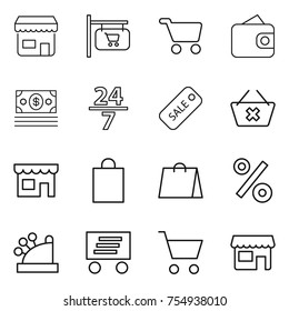 thin line icon set : shop, signboard, cart, wallet, money, 24 7, sale, delete, shopping bag, percent, cashbox, delivery