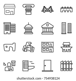 thin line icon set : shop, column, bridge, houses, goverment house, library, skyscrapers, slum, modern architecture, modular, japanese, architector, hotel, door, fence