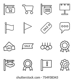 thin line icon set : shop signboard, cart, billboard, flag, sale, message, medal, store, important