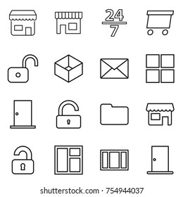 thin line icon set : shop, 24 7, delivery, unlock, box, mail, window, door, documents, unlocked