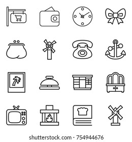 thin line icon set : shop signboard, wallet, clock, bow, purse, windmill, phone, anchor, photo, service bell, wardrobe, dresser, tv, fireplace, cooking book