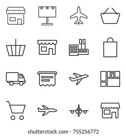 thin line icon set : shop, billboard, plane, basket, store, shopping bag, delivery, atm receipt, consolidated cargo, cart