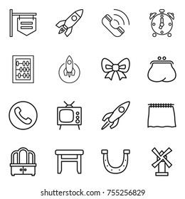 thin line icon set : shop signboard, rocket, call, alarm clock, abacus, bow, purse, phone, tv, curtain, dresser, stool, horseshoe, windmill