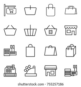 thin line icon set : shop signboard, basket, shopping bag, delete cart, store, cashbox, mall