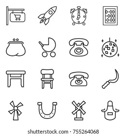 thin line icon set : shop signboard, rocket, alarm clock, abacus, purse, baby stroller, phone, disco ball, stool, chair, sickle, windmill, horseshoe, apron