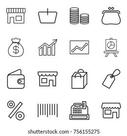 Thin line icon set : shop, basket, coin stack, purse, money bag, diagram, statistics, presentation, wallet, shopping, label, percent, bar code, cashbox