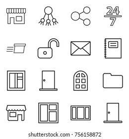 Thin line icon set : shop, share, 24 7, delivery, unlock, mail, copybook, window, door, arch, documents