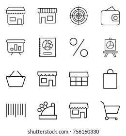 Thin line icon set : shop, target, wallet, presentation, annual report, percent, basket, market, shopping bag, bar code, cashbox, cart