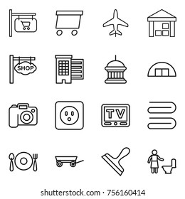 Thin line icon set : shop signboard, delivery, plane, warehouse, houses, goverment house, hangare, camera, power socket, tv, towel, fork spoon plate, trailer, scraper, toilet cleaning