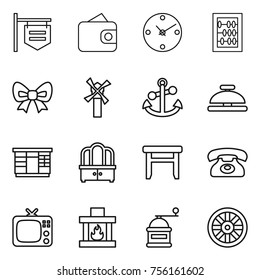 Thin line icon set : shop signboard, wallet, clock, abacus, bow, windmill, anchor, service bell, wardrobe, dresser, stool, phone, tv, fireplace, hand mill, wheel