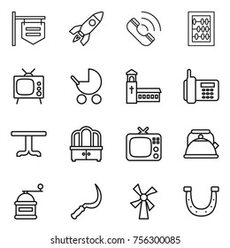 Thin line icon set : shop signboard, rocket, call, abacus, tv, baby stroller, church, phone, table, dresser, kettle, hand mill, sickle, windmill, horseshoe