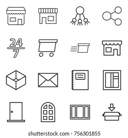 Thin line icon set : shop, share, 24 7, delivery, box, mail, copybook, window, door, arch, package