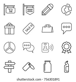 Thin line icon set : shop signboard, pencil, circle diagram, gift, sale, shopping bag, message, discussion, pass card, medal, singlepost, label, bank, toilet cleanser