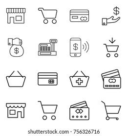 Thin line icon set : shop, cart, card, investment, money gift, cashbox, phone pay, add to, basket, credit