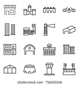 Thin line icon set : shop, castle, bridge, drawbridge, skyscrapers, mall, lighthouse, warehouse, modular house, barn, university, district, greenhouse, stadium, airport tower, skysrcapers cleaning