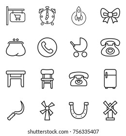 Thin line icon set : shop signboard, alarm clock, rocket, bow, purse, phone, baby stroller, stool, chair, fridge, sickle, windmill, horseshoe