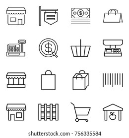 Thin line icon set : shop, signboard, money, shopping bag, cashbox, dollar arrow, basket, market scales, bar code, pallet, cart, warehouse
