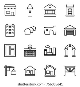 Thin line icon set : shop, tower, library, building, houses, slum, garage, window, university, city, arch, loading, home, farm fence