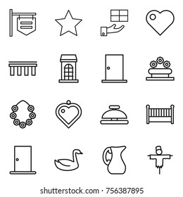 Thin line icon set : shop signboard, star, gift, heart, bridge, building, door, flower bed, hawaiian wreath, pendant, service bell, crib, goose, jug, scarecrow