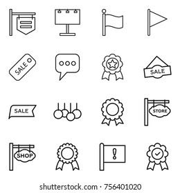 Thin line icon set : shop signboard, billboard, flag, sale, message, medal, store, important