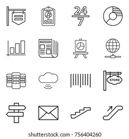 Thin line icon set : shop signboard, report, 24 7, circle diagram, graph, newspaper, presentation, globe connect, server, cloud wireless, bar code, store, singlepost, mail, stairs, escalator