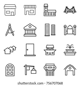 thin line icon set : shop, mansion, bridge, draw compass, library, skyscrapers, minaret, houses, door, japanese house, fountain, arch window, loading, antique column, barn