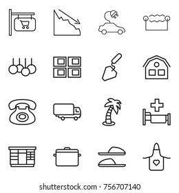 thin line icon set : shop signboard, crisis, electric car, electrostatic, sale, panel house, construction, phone, shipping, palm, hospital, wardrobe, pan, slippers, apron