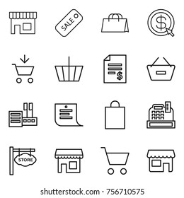 thin line icon set : shop, sale, shopping bag, dollar arrow, add to cart, basket, account balance, remove from, store, list, cashbox, signboard