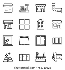 thin line icon set : shop, cashbox, mansion, window, arch, flower in, curtain, clean floor, skysrcapers cleaning, skyscrapers