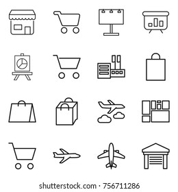 thin line icon set : shop, cart, billboard, presentation, store, shopping bag, journey, consolidated cargo, plane, airplane, garage