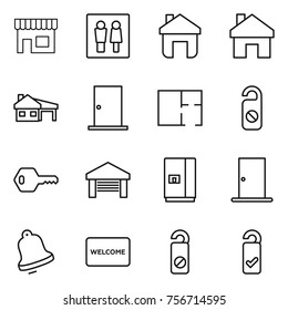 thin line icon set : shop, wc, home, house with garage, door, plan, do not distrub, key, fridge, bell, welcome mat, please clean
