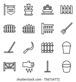 thin line icon set : shop signboard, flower, bed, fence, watering, fork, rake, sickle, bucket, farm, sow