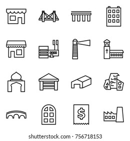 Thin line icon set : shop, bridge, building, mall, lighthouse, church, minaret, garage, warehouse, modern architecture, arch window, tax, factory