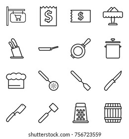 Thin line icon set : shop signboard, receipt, restaurant, stands for knives, pan, chief hat, skimmer, spatula, knife, chef, meat hammer, grater, barrel