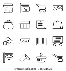 Thin line icon set : shop, signboard, cart, money, purse, market, shopping list, bag, sale, bar code, delivery, store, label, basket, turk