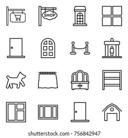 Thin Line Icon Set : Shop Signboard, Building, Window, Door, Arch, Vip Fence, Detector, Dog, Curtain, Dresser, Rack, Barn