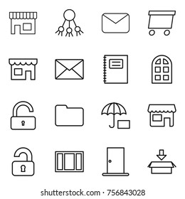 Thin line icon set : shop, share, mail, delivery, copybook, arch window, unlock, documents, insurance, unlocked, door, package