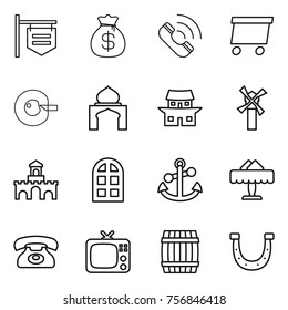 Thin line icon set : shop signboard, money bag, call, delivery, cell corection, minaret, japanese house, windmill, fort, arch window, anchor, restaurant, phone, tv, barrel, horseshoe