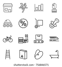 Thin line icon set : shop, 24 7, graph, crystall memory, lunar rover, percent, cargo stoller, nipple, bike, mall, transporter tape, train, stairs, cereals, beans, bath