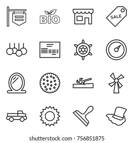 Thin line icon set : shop signboard, bio, sale label, invoice, handwheel, barometer, mirror, cookies, soil cutter, windmill, pickup, sun, scraper, floor washing