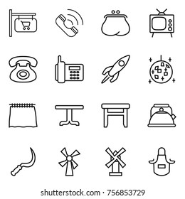 Thin line icon set : shop signboard, call, purse, tv, phone, rocket, disco ball, curtain, table, stool, kettle, sickle, windmill, apron