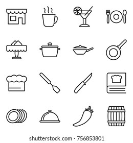 Thin line icon set : shop, hot drink, cocktail, cafe, restaurant, pan, chief hat, spatula, knife, cooking book, plates, meal cap, pepper, barrel